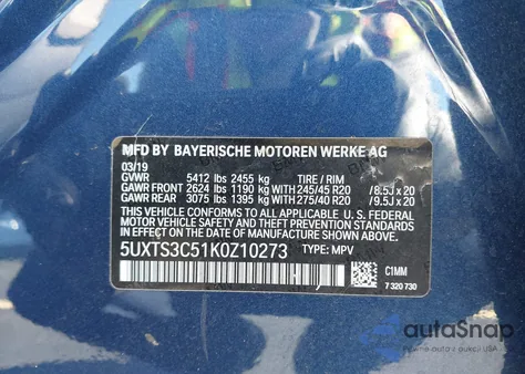 2019 BMW X3 M40I from USA, damaged, VIN 5UXTS3C51K0Z10273